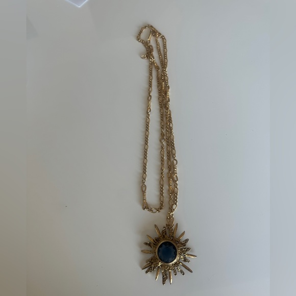 VINTAGE ACCESSOCRAFT NYC PENDANT BLUE GLASS STARBURST NECKLACE MIDCENTURY MINT - Picture 4 of 9